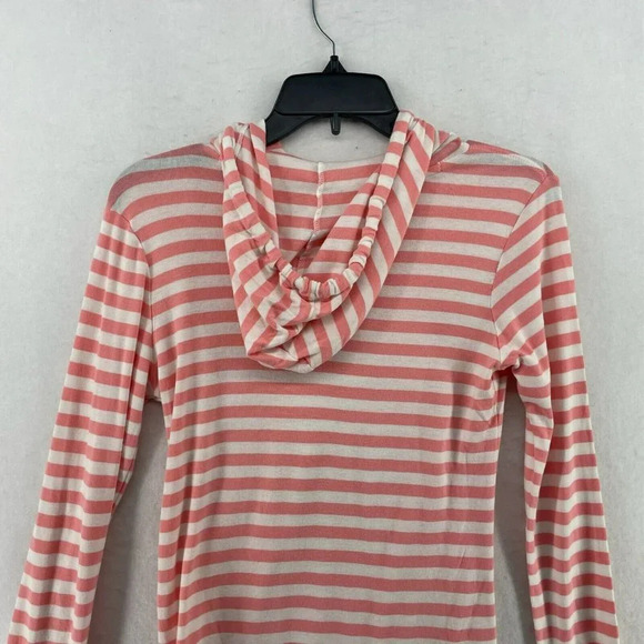 Caslon Hoodie Women Sm White Pink Flamingo Charm Striped Knit Drawstring Stretch - Picture 9 of 12